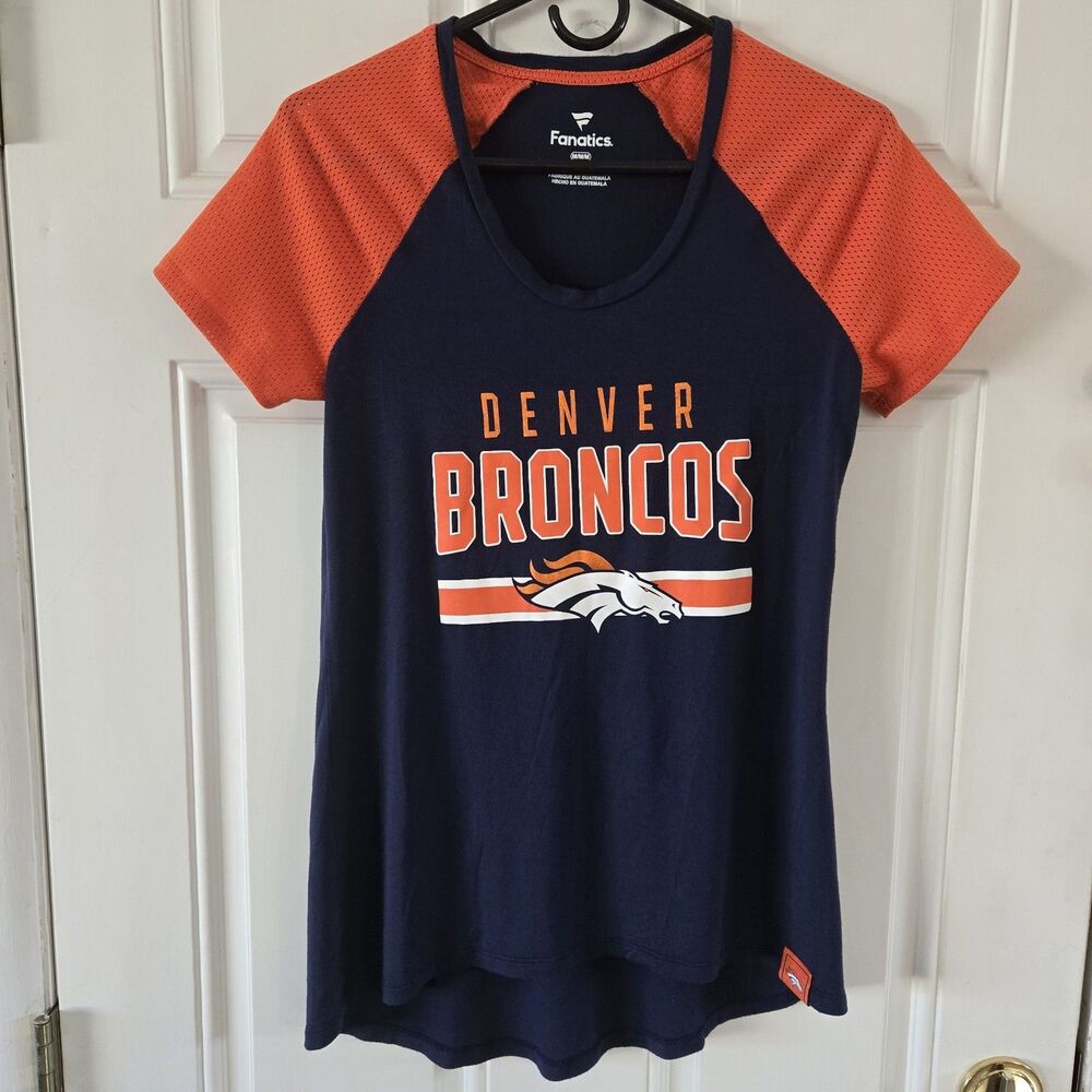 Denver Broncos Womens Medium Fanatics NFL Raglan Mesh Sleeve Tunic Top Navy Blue